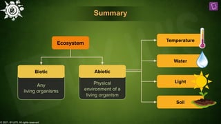 Ecosystem
Any
living organisms
Biotic
Physical
environment of a
living organism
Abiotic
Summary
© 2021, BYJU'S. All rights reserved
Temperature
Water
Light
Soil
 