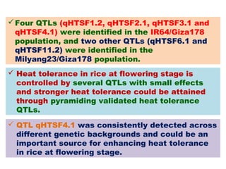 Four QTLs (qHTSF1.2, qHTSF2.1, qHTSF3.1 and
qHTSF4.1) were identified in the IR64/Giza178
population, and two other QTLs (qHTSF6.1 and
qHTSF11.2) were identified in the
Milyang23/Giza178 population.
 Heat tolerance in rice at flowering stage is
controlled by several QTLs with small effects
and stronger heat tolerance could be attained
through pyramiding validated heat tolerance
QTLs.
 QTL qHTSF4.1 was consistently detected across
different genetic backgrounds and could be an
important source for enhancing heat tolerance
in rice at flowering stage.
 