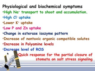 Physiological and biochemical symptoms
•High Na+
transport to shoot and accumulation.
•High Cl-
uptake
•Lower K+
uptake
•Low P and Zn uptake
•Change in esterase isozyme pattern
•Increase of nontoxic organic compatible solutes
•Increase in Polyamine levels
•Increase level of ROS
•Quick response for the partial closure of
stomata on salt stress signaling
 