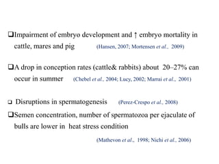 Impairment of embryo development and ↑ embryo mortality in
cattle, mares and pig (Hansen, 2007; Mortensen et al., 2009)
A drop in conception rates (cattle& rabbits) about 20–27% can
occur in summer (Chebel et al., 2004; Lucy, 2002; Marrai et al., 2001)
 Disruptions in spermatogenesis (Perez-Crespo et al., 2008)
Semen concentration, number of spermatozoa per ejaculate of
bulls are lower in heat stress condition
(Mathevon et al., 1998; Nichi et al., 2006)
 