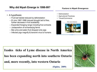 Ixodes ticks of Lyme disease in North America
has been expanding north into southern Ontario
and, more recently, into western Ontario
(Ogden, 2009)
 