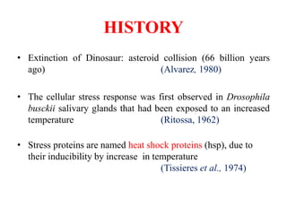 HISTORY
• Extinction of Dinosaur: asteroid collision (66 billion years
ago) (Alvarez, 1980)
• The cellular stress response was first observed in Drosophila
busckii salivary glands that had been exposed to an increased
temperature (Ritossa, 1962)
• Stress proteins are named heat shock proteins (hsp), due to
their inducibility by increase in temperature
(Tissieres et al., 1974)
 