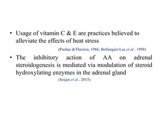 • Usage of vitamin C & E are practices believed to
alleviate the effects of heat stress
(Pardue &Thaxton, 1986; Bollengier-Lee et al., 1998)
• The inhibitory action of AA on adrenal
steroidogenesis is mediated via modulation of steroid
hydroxylating enzymes in the adrenal gland
(Seijan et al., 2015)
 