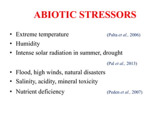 ABIOTIC STRESSORS
• Extreme temperature (Palta et al., 2006)
• Humidity
• Intense solar radiation in summer, drought
(Pal et al., 2013)
• Flood, high winds, natural disasters
• Salinity, acidity, mineral toxicity
• Nutrient deficiency (Peden et al., 2007)
 