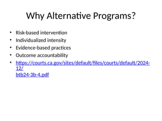 Why Alternative Programs?
• Risk-based intervention
• Individualized intensity
• Evidence-based practices
• Outcome accountability
• https://courts.ca.gov/sites/default/files/courts/default/2024-
12/
btb24-3b-4.pdf
 