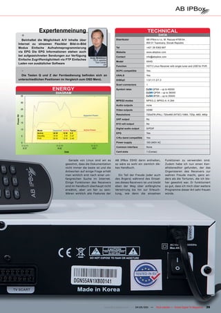 Expertenmeinung                                                                        TECHNICAL
  +                                                                                                             DATA
  Beinhaltet die Möglichkeit A/V Inhalte über                               Distributor             AB IPBox s.r.o., M. Razusa 4795/34,
Internet zu streamen Flexibler Bild-in-Bild                                                         955 01 Topolcany, Slovak Republic

Modus Einfache Aufnahmeprogrammierung                                       Tel                     +421 38 5362 667
via EPG Die EPG Informationen stehen auch                                   Website                 www.abipbox.com
bei aufgezeichneten Sendungen zur Verfügung                                 Contact                 info@abipbox.com
                                                      Andy Middleton
Einfache Zugriffsmöglichkeit via FTP Einfaches          TELE-satellite
                                                          Test Center       Model                   55HD
Laden von zusätzlicher Software                                   UK
                                                                            Function                HDTV Linux Receiver with single tuner and USB for PVR

  -                                                                         SCPC compatible         Yes

  Die Tasten Q und Z der Fernbedienung befinden sich an                     USALS                   Yes
unterschiedlichen Positionen im Vergleich zum OSD Menü.                     DiSEqC                  1.0/1.1/1.2/1.3
                                                                            Scart connectors        1

                       ENERGY                                               Symbol rates                   QPSK – up to 45000
                         DIAGRAM                                                                            QPSK – up to 36000
                                                                                                            8PSK – up to 30000
                                                                            MPEG2 modes             MPEG-2, MPEG-4, H.264
                                                                            Audio outputs           none
                                                                            Video outputs           HDMI

                                                Apparent Power              Resolutions             720x576 (PAL). 720x480 (NTSC) 1080i, 720p, 480i, 480p
                                                                            UHF output              No
                                                                            0/12 volt output        No
                                                                            Digital audio output    S/PDIF
            Mode       Apparent Active Factor   Active Power
            Active     30 W     15 W 0.5                                    EPG                     Yes
            StandBy    19 W      9 W 0.47
            PVR        25 W     12 W 0.48                                   C/Ku-band compatible    Yes
                                                                            Power supply            100-240V AC
                                                                            Common interface        None
                                                                            Card slots              1 (Conax)


                                     Gerade von Linux sind wir es           AB IPBox 55HD darin enthalten,            Funktionen zu verwenden sind.
                                  gewohnt, dass die Dokumentation           so wäre es wohl ein ziemlich dik-         Zudem habe ich nun einen Kan-
                                  nicht immer die beste ist und die         kes Handbuch.                             allisteneditor gefunden, der das
                                  Antworten auf einige Frage erhält                                                   Organisieren des Receivers zur
                                  man wirklich erst nach einer um-            Ein Teil der Freude (oder auch          wahren Freude macht, ganz an-
                                  fangreichen Suche im Internet.            des Ärgers) während des Einsat-           ders als die Torturen, die ich bis-
                                  Einige Funktionen des Receivers           zes dieses Receivers ist und bleibt       her gewohnt war. Er funktioniert
                                  sind im Handbuch überhaupt nicht          eben der Weg über anfängliche             so gut, dass ich mich über weitere
                                  erwähnt, aber um fair zu sein:            Verwirrung bis hin zur Erleuch-           Programme dieser Art sehr freuen
                                  Wären wirklich alle Features der          tung, wie denn die einzelnen              würde.




                                                                    www.TELE-satellite.com — 04-05/201 —
                                                                                                     1       TELE-satellite — Global Digital TV Magazine   39
 