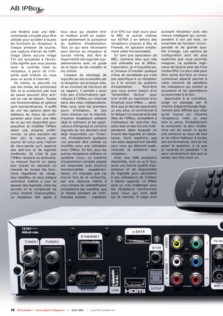 une fenêtre avec une télé-             tous ceux qui veulent tirer             d’un EPG sur sept jours pour       puissant récepteur avec des
commande virtuelle peut être           le meilleur profit en exploi-           la BBC et autres chaînes           menus intelligent qui corres-
utilisée pour accéder à toutes         tant pleinement la puissance            sur ASTRA 2 en dehors des          pondent à son joli look, un
les fonctions du récepteur. A          du système d’exploitation.              récepteurs propres à Sky et        ensemble de fonction incom-
chaque pression de touche,             Tout ce qui sera nécessaire             Freesat, en ajoutant simple-       parable et de grande qua-
une capture d’écran de l’affi-         pour donner au récepteur le             ment cette fonctionnalité.         lité d’image. Les options de
chage (Sans aucune image               succès mérité, doit être la                En tant que spectateur de       configuration sont les plus
TV) est actualisée à l’écran.          disponibilité des logiciels sup-        BBC, j’aimerai bien que cela       explicites que vous pourriez
Cela signifie que vous pouvez          plémentaires avec un guide              soit utilisable sur le IPBox.      imaginer. Le système ingé-
avoir le contrôle total du             de la façon de les installer et         Cependant, je m’inquiéterais,      nieux de favoris avec les trois
récepteur, à partir de n’im-           les utiliser.                           si j’essaye d’installer quelque    modes EPG (Le plus utile peut
porte quel endroit où vous                L’espace de stockage de              chose de semblable qui n’est       être caché derrière un menu
avez un accès à Internet.              logiciels qui est accessible par        pas spécifique à ce récepteur      contextuel séparé) permet à
   De même, la sécurité n’a            le récepteur est presque vide,          ou à la version du système         cette machine de satisfaire
pas été omise, les protocoles          et au moment de l’écriture de           d’exploitation.       Peut-être    les utilisateurs qui aiment la
SSL et la protection par mot           ce rapport, il semble y avoir           que nous avons besoin d’un         puissance et les spectateurs
de passe peuvent être acti-            très peu d’informations spé-            “échantillon factice” pour         occasionnels à la fois.
vés en cas de besoin. Toutes           cifiques à l’IPBox sur Internet         tirer profit au maximum d’un          Apprendre à le connaître,
ces fonctionnalités et options         dans des sites indépendants.            Enigma2 sous IPBox ... peut-       exige un passage par le
sont extraordinaires. Il suffit        Mais ceux sont les premiers             être que je devrais apprendre      chemin d’apprentissage légè-
de voir les options dans les           jours d’initiation, le box              un peu plus, et commencer à        rement plus difficile que celui
tableaux du menu de confi-             vient d’entrer sur le marché.           le rédiger! Le manuel et le site   qu’on trouve sur d’autres
guration pour avoir une idée           D’autres récepteurs utilisent           Web de l’IPBox, conseillent à      récepteurs, mais ca vaut
de ce qui est disponible pour          déjà le software et les appli-          l’utilisateur de chercher des      bien la peine. Probablement
peaufiner et modifier l’IPBox          cations d’Enigma2 et certains           sites web et des forums indé-      la conclusion la plus révéla-
selon vos propres préfé-               logiciels de ces derniers sont          pendants dans lesquels on          trice est de savoir si après
rences. Le plus excitant est           déjà disponibles sur l’Inter-           trouve des logiciels et l’assis-   une semaine ou deux de test
bien sûr; la nature open               net. Probablement quelques              tance. Donc espérons que           et de s’être habituer à toutes
source de Linux avec l’option          uns peuvent être utilisés ou            ces sites apparaitront bientôt     ses performances, dois-je me
de tiers-partie qu’il apporte          modifiés pour une utilisation           pour ceux qui désirent expé-       poser la question, à ce que
des add-ons et de logiciels            avec l’IPBox. En fait, pour les         rimenter et améliorer leur         je voudrais en posséder ? Je
améliorés. Et c’est là que             autres récepteurs utilisant un          récepteur.                         peux sincèrement dire que je
l’IPBox réussira ou échouera.          système Linux, Le système                  Avec une telle puissance        serais ravi d’en avoir un.
Le manuel fournit un assez             d’exploitation complet adapté           disponible, tout ce qu’il faut,
bon travail en donnant un              est disponible avec d’autres            serai une bonne qualité d’as-
résumé de toutes les fonc-             fonctionnalités     supplémen-          sistance et de disponibilité
tions régulières du récep-             taires. Un exemple que j’ai             de logiciels pour permettre
teur satellite, et vous indique        trouvé lors de la recherche,            à ses utilisateurs de l’utiliser
comment mettre à jour et               est une réponse même à                  à pleine capacité. Le IPBox
ajouter des logiciels, mais les        une critique de radiodiffusion          sera un vrai challenger pour
secrets et la complexité de            européenne par satellite, que           les récepteurs fonctionnant
Linux restent insaisissables.          je faisais pendant de nom-              sous Linux qui sont déjà
Le récepteur fait appel à              breuses années - L’absence              sur le marché. Il s’agit d’un




18 TELE-satellite — Global Digital TV Magazine — 12-01/201 — www.TELE-satellite.com
                                                         1
 