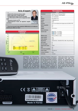 Avis d’expert                                                                 TECHNICAL
  +                                                                                                             DATA
  Inclut le flux Internet audio et vidéo                                     Distributor            AB IPBox s.r.o., M. Razusa 4795/34,
  Mode image dans l‘image flexible                                                                  955 01 Topolcany, Slovak Republic
  Enregistrement facile à partir de l‘EPG                                    Tel                    +421 38 5362 667
  Les informations EPG sont enregistrées dans
                                                                             Website                www.abipbox.com
PVR
  Connexion facile via FTP                             Andy Middleton
                                                                             Contact                info@abipbox.com
  Téléchargement facile de logiciels supplé-             TELE-satellite
                                                                             Model                  55HD
                                                           Test Center
mentaires                                                          UK
                                                                             Function               HDTV Linux Receiver with single tuner and USB for PVR

  -                                                                          SCPC compatible        Yes
 Q et Z se trouvent à des positions différentes sur la télécom-              USALS                  Yes
mande que celles sur menu                                                    DiSEqC                 1.0/1.1/1.2/1.3
                                                                             Scart connectors       1

                        ENERGY                                               Symbol rates                  QPSK – up to 45000
                          DIAGRAM                                                                           QPSK – up to 36000
                                                                                                            8PSK – up to 30000
                                                                             MPEG2 modes            MPEG-2, MPEG-4, H.264
                                                                             Audio outputs          none
                                                                             Video outputs          HDMI

                                                 Apparent Power              Resolutions            720x576 (PAL). 720x480 (NTSC) 1080i, 720p, 480i, 480p
                                                                             UHF output             No
                                                                             0/12 volt output       No
                                                                             Digital audio output   S/PDIF
             Mode       Apparent Active Factor   Active Power
             Active     30 W     15 W 0.5                                    EPG                    Yes
             StandBy    19 W      9 W 0.47
             PVR        25 W     12 W 0.48                                   C/Ku-band compatible   Yes
                                                                             Power supply           100-240V AC
                                                                             Common interface       None
                                                                             Card slots             1 (Conax)


                                   ordinateur, la documenta-                 nuel du récepteur, mais pour             vous vous posez la question
                                   tion n’est pas toujours la                être franc si tout le contenu            comment tout cela fonc-
                                   meilleure et les réponses à               du box devrait être couvert,             tionne. Et maintenant j’ai
                                   certaines questions ne se                 ca prendrait un tres grand               trouvé un éditeur de chaîne
                                   trouvent que, sur internet                livre. Une partie de plaisir             qui fait de l’organisation de
                                   après quelques recherches.                ou déception lorsqu’on uti-              la machine, un plaisir plutôt
                                   Il existe de nombreuses                   lise ce récepteur c’est qu’il            qu’un casse-tête habituelle,
                                   fonctions qui ne sont pas                 démarre d’une confusion à                j’en serais ravi d’en avoir un
                                   traitées du tout dans le ma-              l’illumination au moment où              de plus.




                                                                     www.TELE-satellite.com — 04-05/201 —
                                                                                                      1      TELE-satellite — Global Digital TV Magazine   39
 