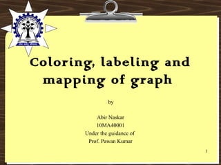 Coloring, labeling and
mapping of graph
Abir Naskar
10MA40001
Under the guidance of
Prof. Pawan Kumar
1
by
 