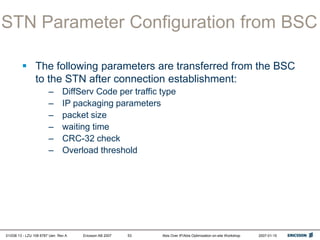 01/038 13 - LZU 108 6787 Uen Rev A Ericsson AB 2007 Abis Over IP/Abis Optimization on-site Workshop 2007-01-15
53
STN Parameter Configuration from BSC
 The following parameters are transferred from the BSC
to the STN after connection establishment:
– DiffServ Code per traffic type
– IP packaging parameters
– packet size
– waiting time
– CRC-32 check
– Overload threshold
 