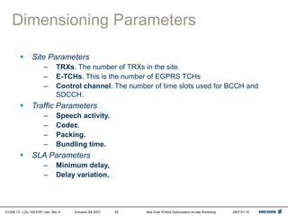 01/038 13 - LZU 108 6787 Uen Rev A Ericsson AB 2007 Abis Over IP/Abis Optimization on-site Workshop 2007-01-15
60
Dimensioning Parameters
 Site Parameters
– TRXs. The number of TRXs in the site.
– E-TCHs. This is the number of EGPRS TCHs
– Control channel. The number of time slots used for BCCH and
SDCCH.
 Traffic Parameters
– Speech activity.
– Codec.
– Packing.
– Bundling time.
 SLA Parameters
– Minimum delay,
– Delay variation,
 