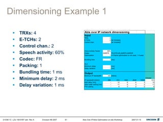 01/038 13 - LZU 108 6787 Uen Rev A Ericsson AB 2007 Abis Over IP/Abis Optimization on-site Workshop 2007-01-15
61
Dimensioning Example 1
 TRXs: 4
 E-TCHs: 2
 Control chan.: 2
 Speech activity: 60%
 Codec: FR
 Packing: 1
 Bundling time: 1 ms
 Minimum delay: 2 ms
 Delay variation: 1 ms
Abis over IP network dimensioning
Input
TRXs 2
E-TCHs 2 [air timelots]
Control chan. 1 [air timelots]
Voice Activity Factor 50%
Codec AMRFR FR,EFR,HR,AMRFR,AMRHR
Optimization 1 0 if frame optimization is not used, 1 if used
Bundling time 1 [ms]
SLA
Minimum delay 1 [ms]
Delay variation 1 [ms]
Output
Minimum IP bandwidth 430 [kbit/s]
Choose:
IP bandwidth [kbit/s] 256 512 1024 2048 10000 513
total delay [ms] - 12 6 4 3 12
Jitter buffer setting [ms] - 11 5 3 2 11
PTA setting - 6 3 2 2 6
 