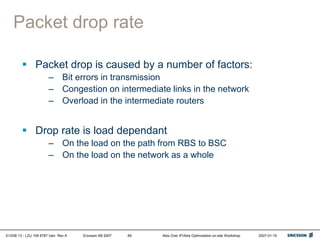 01/038 13 - LZU 108 6787 Uen Rev A Ericsson AB 2007 Abis Over IP/Abis Optimization on-site Workshop 2007-01-15
69
Packet drop rate
 Packet drop is caused by a number of factors:
– Bit errors in transmission
– Congestion on intermediate links in the network
– Overload in the intermediate routers
 Drop rate is load dependant
– On the load on the path from RBS to BSC
– On the load on the network as a whole
 