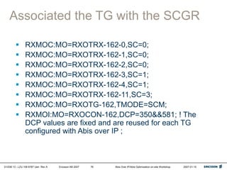 01/038 13 - LZU 108 6787 Uen Rev A Ericsson AB 2007 Abis Over IP/Abis Optimization on-site Workshop 2007-01-15
76
Associated the TG with the SCGR
 RXMOC:MO=RXOTRX-162-0,SC=0;
 RXMOC:MO=RXOTRX-162-1,SC=0;
 RXMOC:MO=RXOTRX-162-2,SC=0;
 RXMOC:MO=RXOTRX-162-3,SC=1;
 RXMOC:MO=RXOTRX-162-4,SC=1;
 RXMOC:MO=RXOTRX-162-11,SC=3;
 RXMOC:MO=RXOTG-162,TMODE=SCM;
 RXMOI:MO=RXOCON-162,DCP=350&&581; ! The
DCP values are fixed and are reused for each TG
configured with Abis over IP ;
 