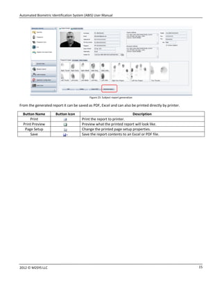 Automated Biometric Identification System (ABIS) User Manual
152012 © M2SYS LLC
Figure 23: Subject report generation
From the generated report it can be saved as PDF, Excel and can also be printed directly by printer.
Button Name Button Icon Description
Print Print the report to printer.
Print Preview Preview what the printed report will look like.
Page Setup Change the printed page setup properties.
Save Save the report contents to an Excel or PDF file.
 