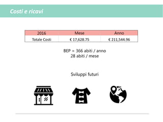 Costi e ricavi
BEP = 366 abiti / anno
28 abiti / mese
2016 Mese Anno
Totale Costi € 17,628.75 € 211,544.96
Sviluppi futuri
 
