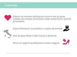 Il mercato
Sfiducia nei confronti dell’acquisto online di abiti da sposa,
ampliata dal carattere emozionale e dalle caratteristiche sartoriali
del prodotto
Scarse informazioni su produttori e origine dei prodotti
Abiti da sposa Made in Italy ricercati e desiderati
Ricerca di rapporto qualità/prezzo sempre maggiore
 