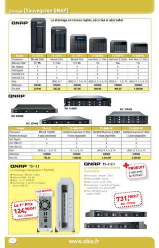 www.abix.fr12
Stockage [Sauvegarde QNAP]
Le stockage en réseau rapide, sécurisé et abordable
TS-112
Le stockage réseau pour TPE/PME
TS-412U
Le stockage réseau rackable
économique
Modèle TS-412U TS-469U-PRO TS-869U-RP TS-1269U-RP
Processeur Marvell 1,26GHz Intel Atom Dual-Core 2,13GHz Intel Atom Dual-Core 2,13GHz Intel Atom Dual-Core2,13GHz
Nombre de disque 4 baies disponibles 4 baies disponibles 8 baies disponibles 12 baies disponibles
Port Gigabit 2 2 2 2
Port USB 2.0 4 5 4 4
Port USB 3.0 - 2 2 2
Raid JBOD, 0, 1, 5, 6, 10 0, 1, 5, 6, 10 JBOD, 0, 1, 5, 6, 10 JBOD, 0, 1, 5, 6, 10
Référence 328468 329469 318869 318269
Prix €HT 731,90 1.280,90 2.210,90 2.599,90
TS-412U TS-469U-PRO
Réf. 328468
Réf. 329469
Réf. 318869 Réf. 318269
■ Processeur : Marvell 1,2GHz
■ Mémoire RAM : 256 Mo
■ Baie : 1 x 3,5’’ SATA I/II
■ Connectivité : 1 port RJ-45 Gigabit,
3 ports USB 2.0
■ Processeur : Marvell 1,2GHz
■ Mémoire RAM : 256 Mo
■ Baie : 4 x 2,5” ou 3,5” SATA
■ Connectivité : 2 ports RJ-45 Gigabit,
4 ports USB 2.0, 2 ports eSATA
■ Raid : 0/1/5/6/5+spare,
single et JBOD
124,90€HT
Réf. 328463
Le 1er Prix
731,90€HT
Réf. 328468
Modèle TS-119P II TS-219P II TS-419P II TS-569PRO TS-669PRO TS-869PRO
Processeur Marvell 2GHz Marvell 2GHz Marvell 2GHz Intel Atom 2,13GHz Intel Atom 2,13GHz Intel Atom 2,13GHz
Mémoire RAM 512 Mo 512 Mo 512 Mo 1Go 1Go 1Go
Nb. Disques 1 2 4 5 6 8
Port Gigabit 1 1 2 2 2 2
Port USB 2.0 1 1 2 6 5 5
Port USB 3.0 2 2 2 2 2 2
Raid 1 JBOD, 0, 1 JBOD, 0, 1, 5, 6, 10 JBOD, 0, 1, 5, 6, 10 JBOD, 0, 1, 5, 6, 10 JBOD, 0, 1, 5, 6, 10
Référence 328491 328494 328496 328569 328669 328869
Prix €HT 254,90 287,90 457,90 880,90 995,90 1.080,90
VUE ARRIÈRE
VUE ARRIÈRE
PRODUIT+Livré avec
le KitRail !
CataAbix_40pages_3_01-23.indd 12 22/04/13 16:12
 