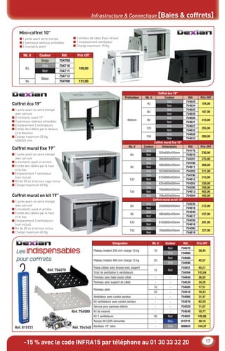 -15 % avec le code INFRA15 par téléphone au 01 30 33 32 20 17
Infrastructure & Connectique [Baies & coffrets]
Les indispensables
pour coffrets
HT
4
4
7
6
7
Nb. U Couleur Réf. Prix €HT
6U
Beige 754709
109,00
Gris 754710
Noir 754711
Blanc
754712
9U 754708 131,00
■ 1 porte avant en verre trempé
avec serrure
■ 2 montants avant 19”
■ 2 panneaux latéraux amovibles
■ Emplacement 2 ventilateurs
■ Entrée des câbles par le dessus
et le dessous
■ Charge maximum 35 Kg,
450x545 mm
■ 2 entrées de câble (haut et bas)
■ 1 emplacement ventilateur
■ Charge maximum 10 Kg
Coffret éco 19”
Désignation Nb. U Couleur Réf. Prix €HT
Plateau modem 250 mm charge 10 kg 1U
Noir 754570
38,45
Gris 754480
Plateau modem 400 mm charge 15 kg 2U
Noir 754580
42,57
Gris 754490
Passe câbles avec brosse avec support
1U Noir
754451 45,21
Tiroir de ventilation 6 ventilateurs 754594 193,64
Panneau avec balai passe câble - - 754450 36,05
Panneau avec support de câble - - 754530 34,28
Panneau plein
1U - 754500 17,51
2U - 754510 18,43
Ventilateur avec cordon secteur - - 754560 31,47
Kit ventilateurs avec cordon secteur - - 754470 82,29
Serrure pour panneau latéral - - 754520 11,67
Kit de visserie - - 754540 18,77
Kit 3 ventilateurs 3U Noir 754581 105,86
Rampe 60 LEDS alimentée - Bleu 815731 30,10
Bandeau 19’’ néon - Gris 808853 104,37
■ 1 porte avant en verre trempé
avec serrure
■ 4 montants avant et arrière
■ Entrée des câbles par le haut
et le bas
■ Emplacement 1 ventilateur
(non inclus)
■ Kit de 20 vis et écrous cage inclus
■ Charge maximum 60 Kg
Coffret mural ﬁxe 19’’
■ 1 porte avant en verre trempé
avec serrure
■ 4 montants avant et arrière
■ Entrée des câbles par le haut
et le bas
■ Emplacement 2 ventilateurs
(non inclus)
■ Kit de 20 vis et écrous inclus
■ Charge maximum 60 Kg
Coffret mural en kit 19’’
Coffret éco 19”
Profondeur Nb. U Couleur Réf. Prix €HT
450mm
4U
Gris 754629
154,00
Noir 754634
6U
Gris 754625
167,00
Noir 754630
9U
Gris 754626
210,00
Noir 754631
12U
Gris 754627
255,00
Noir 754632
15U
Gris 754628
280,00
Noir 754633
Coffret mural ﬁxe 19”
Nb. U Couleur Dimensions Réf. Prix €HT
6U
Gris
350x600x450mm
754170
230,00
Noir 754610
Gris 366x600x600mm 754201 275,00
9U
Gris
480x600x450mm
754180
268,00
Noir 754611
Gris 502x600x600mm 754202 311,00
12U
Gris
610x600x450mm
754190
315,00
Noir 754612
Gris 635x600x600mm 754203 330,00
15U
Gris
760x600x450mm
754200 358,00
Noir 754613 402,00
Gris 768x600x600mm 754204 402,00
Coffret mural en kit 19”
6U
Gris
350x600x450mm
754230
212,00
Noir 754616
9U
Gris
480x600x450mm
754240
237,00
Noir 754617
12U
Gris
610x600x450mm
754250
281,00
Noir 754618
15U
Gris
760x600x450mm
754260
327,00
Noir 754619
■ 1 porte avant verre trempé
■ 2 panneaux latéraux amovibles
■ 2 montants avant
Mini-coffret 10’’
Réf. 754570
Réf. 754580
Réf. 754540Réf. 815731
CataAbix_40pages_3_01-23.indd 17 22/04/13 16:12
 