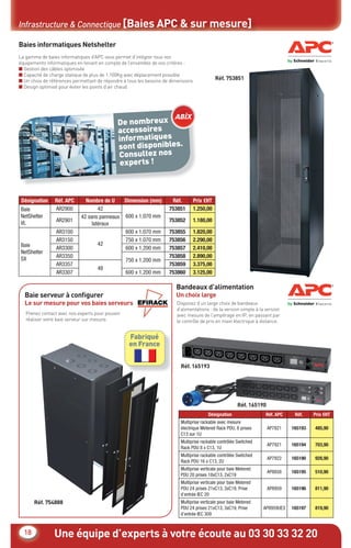 Une équipe d’experts à votre écoute au 03 30 33 32 2018
Infrastructure & Connectique [Baies APC & sur mesure]
Baies informatiques Netshelter
La gamme de baies informatiques d’APC vous permet d’intégrer tous vos
équipements informatiques en tenant en compte de l’ensemble de vos critères :
■ Gestion des câbles optimisée
■ Capacité de charge statique de plus de 1.100Kg avec déplacement possible
■ Un choix de références permettant de répondre à tous les besoins de dimensions
■ Design optimisé pour éviter les points d’air chaud
Désignation Réf. APC Nombre de U Dimension (mm) Réf. Prix €HT
Baie
NetShelter
VL
AR2900 42
600 x 1.070 mm
753851 1.250,00
AR2901
42 sans panneaux
latéraux
753852 1.180,00
Baie
NetShelter
SX
AR3100
42
600 x 1.070 mm 753855 1.820,00
AR3150 750 x 1.070 mm 753856 2.290,00
AR3300 600 x 1.200 mm 753857 2.410,00
AR3350
750 x 1.200 mm
753858 2.890,00
AR3357
48
753859 3.375,00
AR3307 600 x 1.200 mm 753860 3.125,00
De nombreux
accessoires
informatiques
sont disponibles.
Consultez nos
experts !
Baie serveur à conﬁgurer
Le sur mesure pour vos baies serveurs
Bandeaux d’alimentation
Un choix large
Prenez contact avec nos experts pour pouvoir
réaliser votre baie serveur sur mesure.
Disposez d’un large choix de bandeaux
d’alimentations : de la version simple à la version
avec mesure de l’ampérage en IP, en passant par
le contrôle de pris en main électrique à distance.
Désignation Réf. APC Réf. Prix €HT
Multiprise rackable avec mesure
électrique Metered Rack PDU, 8 prises
C13 sur 1U
AP7821 165193 485,90
Multiprise rackable contrôlée Switched
Rack PDU 8 x C13, 1U
AP7921 165194 703,90
Multiprise rackable contrôlée Switched
Rack PDU 16 x C13, 2U
AP7922 165190 928,90
Multiprise verticale pour baie Metered
PDU 20 prises 18xC13, 2xC19
AP8858 165195 510,90
Multiprise verticale pour baie Metered
PDU 24 prises 21xC13, 3xC19, Prise
d’entrée IEC 20
AP8959 165196 811,90
Multiprise verticale pour baie Metered
PDU 24 prises 21xC13, 3xC19, Prise
d’entrée IEC 309
AP8959UE3 165197 819,90
Réf. 753851
Réf. 754888
Fabriqué
en France
Réf. 165193
Réf. 165190
CataAbix_40pages_3_01-23.indd 18 22/04/13 16:12
 