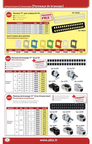 www.abix.fr20
Infrastructure & Connectique [Panneaux de brassage]
Panneau de brassage 19” 1U ou 2U
Prêt à fonctionner !
Panneau de brassage 19” 1U ou 2U sans insert
Personnalisez vos panneaux !
■ Connecteurs RJ-45 femelles
■ Inserts à monter sur panneau
■ Standard EIA/TIA568A et B
■ Panneau gris
Panneau livré équipé de connecteurs CAT.5e ou
CAT.6. Normes EIA/TIA568A - EIA/TTIA568B.
■ Connecteurs RJ 45 femelles
■ Standard EIA/TIA568A et B
■ Panneau noir
Cat. 5e FTPCat. 5e UTP
Cat. 6 UTP Cat. 6 FTP Cat. 6a SSTP
Désignation CAT. Type Ports Nb de U Réf. Prix €HT
Panneau de
brassage
5e
UTP
16 1 258170 96,10
32 2 258330 187,77
STP
16 1 258180 117,94
32 2 258340 204,15
6
UTP
16 1 258190 118,97
32 2 258350 201,98
STP
16 1 258200 141,42
32 2 258360 224,33
6a SSTP
16 1 258201 153,99
32 2 258202 242,05
Désignation CAT. Type Ports Nb de U Réf. Prix €HT
Panneau de
brassage
5e
UTP 16 1 908400 56,75
24
2
908550 78,59
32 908600 103,72
STP
16 1 908500 68,80
24
2
908560 103,72
32 908700 115,77
6
16 1 909000 147,39
24 2 909020 156,15
SSTP
16 1 909010 180,15
24 2 909040 196,52
6a
16 1 258203 189,01
24
2
258204 197,76
32 258205 266,77
Insert couleur pour panneau
Personnalisez vos panneaux !
Insert Non percé Ivoire Bleu Jaune Vert Rouge Blanc Noir Prix €HT
Réf. 275100 275080 275060 275050 275040 275030 275020 275000 0,62
PRODUIT+Ensemble livré
“Prêt à monter”
PRODUIT+Ensemble livré
“Prêt à monter”
Cat. 5e UTP
Cat. 6 UTP
Cat. 5e FTP
Cat. 6 FTP
Cat. 6 SSTP
Cat. 6a SSTP
Réf. 908070
Panneau 19’’ pour embase RJ-45
■ Panneau métal 19’’
■ Voir embases page 19
■ Vis non fournies
Désignation Type Réf. Prix €HT
Panneau 16 ports vide pour montage avec inserts 1U Gris 258160 19,88
Panneau 16 ports vide pour montage sans inserts 1U Noir 908050 19,06
Panneau 24 ports vide pour montage sans inserts 2 U Noir 908060 27,30
Panneau 32 ports vide pour montage avec inserts 2 U Gris 258320 23,28
Panneau 32 ports vide pour montage sans inserts 2 U Noir 908070 31,11
Réf. 258320
Réf. Prix €HT
PREMIER
PRIX !
CataAbix_40pages_3_01-23.indd 20 22/04/13 16:13
 