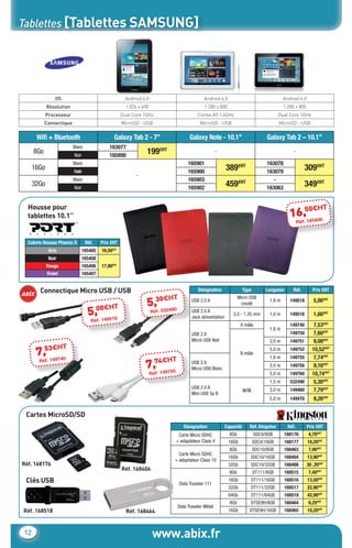 Tablettes [Tablettes SAMSUNG]




                      OS                                     Android 4.0                               Android 4.0                                    Android 4.0
                  Résolution                                 1.024 x 600                               1.280 x 800                                    1.280 x 800
                  Processeur                               Dual Core 1GHz                           Cortex A9 1.4GHz                               Dual Core 1GHz
                 Connectique                               MicroSD - USB                             MicroSD - USB                                 MicroSD - USB

            Wiﬁ + Bluetooth                           Galaxy Tab 2 - 7’’                       Galaxy Note - 10.1’’                          Galaxy Tab 2 – 10.1’’
                               Blanc                163077
           8Go                 Noir                 165890
                                                                       199€HT                                  -                                           -

                               Blanc                                                           165901                                        163078
           16Go                Noir                                                            165900
                                                                                                                     389€HT                  163079
                                                                                                                                                                  309€HT
                                                                  -
                               Blanc                                                           165903                                           -
           32Go                Noir                                                            165902
                                                                                                                     459€HT                  163063
                                                                                                                                                                  349€HT

        Housse pour                                                                                                                                          0€H               T
        tablettes 10.1’’                                                                                                                                 16,5
                                                                                                                                                               Réf. 165408



        Coloris Housse Phœnix II       Réf.     Prix €HT
                   Gris               165405    16,50€ht
                   Noir               165408
                  Rouge               165406    17,80€ht
                  Violet              165407


              Connectique Micro USB / USB                                                           Désignation                 Type        Longueur       Réf.        Prix €HT

                                                                             30€HT
                                                                       5,
                                                                                                                             Micro USB
                                                                                                 USB 2.0 A
                                                                                                                               coudé
                                                                                                                                              1,8 m      149518        5,00€HT
                                               00€HT
                                        5,                                 Réf. 532490           USB 2.0 A
                                                                                                 Jack alimentation
                                                                                                                         3,5 - 1,35 mm        1,0 m      149516        1,60€HT
                                          Réf. 149518
                                                                                                                              A mâle                     149740       7,53€HT
                                                                                                                                              1,8 m
                                                                                                 USB 2.0                                                 149750       7,60€HT
                                                                                                 Micro USB Noir                               3,0 m      149751       9,00€HT
                 53€HT
            7,                                                                      T
                                                                                                                              B mâle
                                                                                                                                              5,0 m      149752
                                                                                                                                                         149755
                                                                                                                                                                      10,52€HT
                                                                                                                                                                      7,74€HT
                                                                           H                                                                  1,8 m
             Réf. 149740
                                                                      7,74€                      USB 2.0
                                                                                                 Micro USB Blanc
                                                                                                                                              3,0 m      149756       9,16€HT
                                                                           Réf. 149755                                                        5,0 m      149760       10,74€HT
                                                                                                                                              1,5 m      532490       5,30€HT
                                                                                                 USB 2.0 A
                                                                                                                                M/M           3,0 m      149460       7,79€HT
                                                                                                 Mini USB 5p B
                                                                                                                                              5,0 m      149470        9,26€HT

       Cartes MicroSD/SD
                                                                                            Désignation              Capacité      Réf. Kingston        Réf.        Prix €HT
                                                                                          Carte Micro SDHC             8Gb             SDC4/8GB       168176        4,70€HT
                                                                                         + adaptateur Class 4         16Gb             SDC4/16GB      168177        10,20€HT
                                                                                                                       8Gb             SDC10/8GB      168403        7,90€HT
                                                                                       Carte Micro SDHC
                                                                                                                      16Gb         SDC10/16GB         168404        13,90€HT
                                                                                     + adaptateur Class 10
     Réf. 168176                                                                                                      32Gb         SDC10/32GB         168406        30 ,20€HT
                                                           Réf. 168404
                                                                                                                       8Gb             DT111/8GB      168515        7,40€HT
       Clés USB                                                                           Data Traveler 111
                                                                                                                      16Gb         DT111/16GB         168516        13,50€HT
                                                                                                                      32Gb         DT111/32GB         168517        22,90€HT
                                                                                                                      64Gb         DT111/64GB         168518        42,90€HT
                                                                                                                       8Gb         DTSE9H/8GB         168464        8,25€HT
                                                                                         Data Traveler Métal
      Réf. 168518                                            Réf. 168464                                              16Gb         DTSE9H/16GB        168465        10,20€HT



      12                                                                    www.abix.fr
CataAbix_40pages_TWO_P01-19.indd 12                                                                                                                                       27/03/13 15:34
 