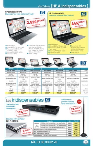 Portables [HP & indispensables ]
     HP EliteBook 8570W
     Disposez d’une vraie station de travail !                                                          HP ProBook 4545S
                                                                                                        Flexibilité et connectivité sans ﬁl !


                                                             90€H                          T
                                                         52.0, 75
                                                       2. 1657                                                                                                  9 H
                                                                                                                                                            5, 0€
                                                                                                                                                          44éf. 165771
                                                                                                                                                                                         T
                                                                 Réf
                                                                                                                                                                    R




                                                                                                       ■ Windows 8 Pro
     ■ Windows 8 pro                                   ■ Connectivité : Wiﬁ, Bluetooth,                ■ Ecran LED 15,6’’ (1.366 x 768)             ■ Connectivité : Wiﬁ,
     ■ Ecran LED 15,6’’ (1.900 x 1.080)                  Fast-Ethernet, 2xUSB2,                        ■ Processeur AMD® A4-4300M                     Bluetooth, Fast-Ethernet,
     ■ Processeur Intel® iCoreTM                         2XUSB3, eSta/USB, Display                       APU (3GHz)                                   2xUSB2, 2xUSB3, VGA,
       i7-3630M (2.4GHz)                                 Port, FireWire, RJ11, VGA,                    ■ Mémoire RAM DDR3 de 4Go                      Webcam HD et micro
     ■ Mémoire RAM DDR3 de 8Go                           Webcam HD et micro                            ■ Disque Dur 500Go                           ■ Poids : 2,33 Kg
     ■ Disque Dur 750Go                                ■ Poids : 3,00 Kg




            NETBOOK                             ULTRA PORTABLES                                                            PORTABLES
         Mini 200-4200sf              Spectre XT Pro           EliteBook Folio 8470p         ProBook 4545S             ProBook 4740S               EliteBook 8570W                       Modèle
         Windows 7 starter            Windows 7 Pro               Windows 7 Pro                Windows 8 Pro            Windows 8 Pro                Windows 8 Pro                            OS
             LED 10.1’’                  LED 13.3’’                  LED 14’’                   LED 15.6’’                 LED 17.3’’                   LED 15.6’’
                                                                                                                                                                                           Ecran
           (1.024 x 768)               (1.366 x 768)               (1.366 x 768)               (1366 x 768)              (1.600 x 900)               (1.900 x 1.080)
                                   Intel Core i5 – 3317U        Intel Core i5 3360M                                   Intel Core i5-3210M
      Intel Atom N2600 1.6GHz                                                            AMD A4-4300M APU 3GHz                                Intel Core i7-3630QM 2.4GHz             Processeur
                                           1.7GHz                      2.8GHz                                                2.5GHz
            1Go/320Go                 4Go/128Go SSD                 4Go/500Go                   4Go/500Go                 4Go/500Go                      8Go/750Go                 RAM DDR3/HDD
                                    Wiﬁ, Bluetooth, Fast      Wiﬁ, Bluetooth, Fast          Wiﬁ, Bluetooth, Fast      Wiﬁ, Bluetooth, Fast    Wiﬁ, Bluetooth, Fast Ethernet,
      Wiﬁ, Bluetooth, Ethernet,
                                   Ethernet, HDMI, USB2,      Ethernet, 2xUSB2,           Ethernet, HDMI, 2xUSB2,   Ethernet, HDMI, 2xUSB2,   2xUSB2, 2xUSB3, eSata/USB,
      3xUSB2, VGA, Webcam,                                                                                                                                                           Connectivité
                                   2xUSB3 - Webcam HD,     3xUSB3, VGA, DisplayPort,      2xUSB3, VGA - Webcam       2xUSB3, VGA, Webcam      Display port, FireWire, RJ11,
               Micro
                                           Micro              Webcam HD, Micro                   HD, Micro                 HD, Micro            VGA, Webcam HD, Micro
              1,23 Kg                    1,42 Kg                     2,25 Kg                      2,33 Kg                  2,92 Kg                        3,00 Kg                          Poids
             165783                      165782                      165776                      165771                    165758                        165775                        Référence
            245,70€HT                  899,90€HT                  1.197,90€HT                   445,90€HT                729,90€HT                   2.520,90€HT                        Prix €HT




      Les indispensables                                                                                                             Améliorez les
                                                                                                                                     performances de
       Station d’accueil                                                                                                             votre résau sans ﬁl !
       USB/HDMI/
                                                                                                                                                              0€H              T
       DisplayPort !
                                                       T
                                                                                                                                                         24.,9 2556
                                      ,90€H
                                  118166080                                                                                                               Réf30
                                    .
                                   Réf

      Sécurisez votre portable !
                                                                                                    Désignation                                   Réf.         Prix €HT
                                                                       Extension       HP E-Care Pack Premium Care 3 ans pour ProBook          166310          190,00€HT
                                                                          de           HP E-Care Pack Premium Care 3 ans pour EliteBook        166311          198,00€HT
                                                                        garantie       HP E-Care Pack 3 ans avec dommages/accidents            166312          226,90€HT

                                                  H        T           Microsoft Ofﬁce 365 Small Business Premium                              164130          138,90€HT
                                            7,26€5099
                                               91
                                                                       Abix Mini souris optique sans ﬁl                                        320362           11,53€HT
                                            Réf.                       Abix Pavé numérique Bluetooth                                           926662           41,79€HT
                                                                       Dacomex antivol 1,8m avec 2 clefs identiques                            915099           7,26€HT




                                                               Tél. 01 30 33 32 20                                                                                                        23


CataAbix_40pages_TWO_p20-25.indd 23                                                                                                                                                     27/03/13 15:36
 
