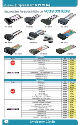 Portables [ExpressCard & PCMCIA]

    Augmentez les possibilités de                                          votre portable


      Réf. 307795                       Réf. 307853                          Réf. 730861         Réf. 303102




      Réf. 305027                             Réf. 893270                                        Réf. 893213




                          Réf. 305024                              Réf. 307863                           Réf. 305025

                                                          Carte PCMCIA
                 Marque                                          Désignation                         Réf.      Prix €HT
                                                      1 port parallèle + 2 ports RS-232             893270     70,86€HT
                                                                1 port RS-232                       893243     38,63€HT
                                                              2 ports RS-232                        893260     57,58€HT
                                                               1 port parallèle                     307848     24,25€HT
                                                           Lecteur compact Flash                    730982      9,05€HT
                                                                 1 port Série                       893243     38,63€HT
                                               2 ports externes + 1 port interne FireWire 800       307795     35,79€HT
                                                          2 ports externes USB 2.0                  893212     21,32€HT
                                                          2 ports externes USB 3.0                  893222     18,99€HT
                                                          4 ports externes USB 2.0                  893213     24,00€HT
                                                           Express card
                 Marque                                         Désignation                          Réf.      Prix €HT
                                                              2 ports USB 2.0                       305037     16,22€HT
                                                              4 ports USB 2.0                       305027     29,36€HT
                                                              2 ports USB 3.0                       303102     49,33€HT
                                                              4 ports USB 3.0                       305032     39,19€HT
                                                               1 port parallèle                     307849     41,90€HT
                                                               1 port RS-232                        307851     49,03€HT
                                                         2 ports RS-232 DB9 (USB)                   307857     41,10€HT
                                                   Lecteur ExpressCard sur port USB 2.0             307640     19,69€HT
                                                   Lecteur ExpressCard sur port PCMCIA              307645     25,03€HT
                                                               Réseau gigabit                       301706     20,59€HT
                                                   Lecteur toute Cardbus sur Expresscard            305102     64,00€HT
                                                      1 port parallèle LPTx True PCI-E              307284     32,65€HT
                                                 Lecteur ExpressCard USB sur port PCMCIA            307645     25,03€HT
                                                         1 port RS-232 DB9 (USB)                    307846     41,99€HT
                                            ExpressCard PCIE pour portable - 1 port RS-232 DB9      307853     34,99€HT
                                                            2 ports FireWire 800                    305025     69,99€HT
                                                            2 ports RS-232 DB9                      307857     41,10€HT
                                                            2 ports FireWire 400                    307863     45,53€HT
                                                     1 port USB + 2 ports FireWire 400              305024     54,10€HT


       38                                     Livraison en 24/48h
CataAbix_40pages_TWO_p26-40.indd 38                                                                               27/03/13 15:37
 