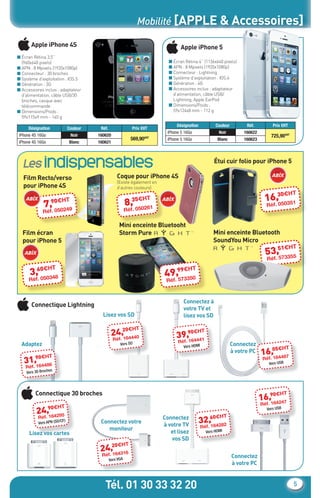 Mobilité [APPLE & Accessoires]

           Apple iPhone 4S                                                             Apple iPhone 5
    ■ Écran Rétina 3,5’’
      (960x640 pixels)                                                           ■ Écran Rétina 4’’ (1136x640 pixels)
    ■ APN : 8 Mpixels (1920x1080p)                                               ■ APN : 8 Mpixels (1920x1080p)
    ■ Connecteur : 30 broches                                                    ■ Connecteur : Lightning
    ■ Système d’exploitation : IOS.5                                             ■ Système d’exploitation : IOS.6
    ■ Génération : 3G                                                            ■ Génération : 4G
    ■ Accessoires inclus : adaptateur                                            ■ Accessoires inclus : adaptateur
      d’alimentation, câble USB/30                                                 d’alimentation, câble USB/
      broches, casque avec                                                         Lightning, Apple EarPod
      télécommande                                                               ■ Dimensions/Poids :
    ■ Dimensions/Poids :                                                           59x124x8 mm - 112 g
      59x115x9 mm - 140 g
                                                                                      Désignation             Couleur         Réf.            Prix €HT
          Désignation             Couleur    Réf.                  Prix €HT
                                                                                iPhone 5 16Go                   Noir         160622
     iPhone 4S 16Go                Noir     160620                                                                                           725,90€HT
                                                                   569,90€HT    iPhone 5 16Go                  Blanc         160623
     iPhone 4S 16Go               Blanc     160621




       Les indispensables                                                                                    Étui cuir folio pour iPhone 5

       Film Recto/verso                                 Coque pour iPhone 4S
                                                        (Existe également en
       pour iPhone 4S                                   d’autres couleurs)
                                                                                                                                             0€H            T
                        90€HT                                  8,  35€HT                                                                16.,3 0351
                   7,                                          Réf. 050261
                                                                                                                                        Réf 05
                  Réf. 050249

                                                         Mini enceinte Bluetooht
       Film écran                                        Storm Pure                                          Mini enceinte Bluetooth
       pour iPhone 5                                                                                         SoundYou Micro
                                                                                                                                             1€H             T
                                                                                                                                        53.,5 3355
                                                                                                                                            57
                                                                                                                                        Réf

               60€HT                                                                  99€HT
          3,                                                                   49.,573350
          Réf. 050348                                                           Réf



                                                                                         Connectez à
           Connectique Lightning
                                                                                         votre TV et
                                              Lisez vos SD                               lisez vos SD

                                                           €H        T
                                                     24.,204440
                                                         16
                                                                                            €H
                                                                                      39.,904441
                                                                                                     T
                                                      Réf                                 16
                                                                                      Réf
      Adaptez                                             Vers SD
                                                                                         Vers HDMI
                                                                                                                        Connectez
                                                                                                                                            €H         T
              90€HT
                                                                                                                        à votre PC    16.,054487
       31.,164486                                                                                                                      Réf16
                                                                                                                                            Vers USB
        Réf
                     hes
         Vers 30 Broc




              Connectique 30 broches                                                                                                        €H         T
                                                                                                                                      16.,904247
                                                                                                                                          16
                                                                                                                                      Réf
                    €H      T
              24.,904295                                                                                                                Vers USB

                                                                                                           60€HT
                                                                                                    32.,164282
               Réf16                                                           Connectez
               Vers APN (SD/
                            CF)              Connectez votre
                                                                               à votre TV            Réf
                                                moniteur
          Lisez vos cartes                                                        et lisez               Vers HDMI
                                                                                  vos SD
                                                   €H          T
                                             24.,204316
                                                 16
                                             Réf                                                                        Connectez
                                                    Vers VGA
                                                                                                                        à votre PC



                                               Tél. 01 30 33 32 20                                                                                           5


CataAbix_40pages_TWO_P01-19.indd 5                                                                                                                         27/03/13 15:33
 