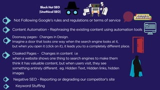 Black Hat SEO
(Unethical SEO)
Content Automation - Rephrasing the existing content using automation tools
Not Following Google’s rules and regulations or terms of service
Doorway pages- Changes in Design.
but when you open it (click on it), it leads you to a completely different place.
Imagine a door that looks one way when the search engine looks at it,
Cloaked Pages - Changes in content i.e
when a website shows one thing to search engines to make them
think it has valuable content, but when users visit, they see
something entirely different. eg. Hidden Text, Hidden links, hidden
images
Negative SEO - Reporting or degrading our competitor’s site
Keyword Stuffing
 