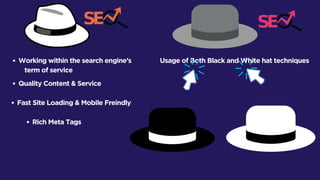 White Hat
Working within the search engine’s
term of service
Quality Content & Service
Fast Site Loading & Mobile Freindly
Rich Meta Tags
Usage of Both Black and White hat techniques
 