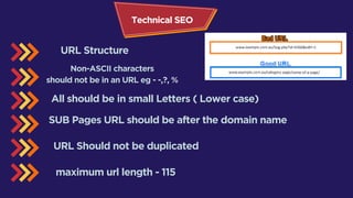 Technical SEO
URL Structure
URL Structure
should not be in an URL
should not be in an URL eg - -,?, %
eg - -,?, %
Non-ASCII characters
Non-ASCII characters
All should be in small Letters ( Lower case)
All should be in small Letters ( Lower case)
SUB Pages URL should be after the domain name
SUB Pages URL should be after the domain name
URL Should not be duplicated
URL Should not be duplicated
maximum url length - 115
maximum url length - 115
 