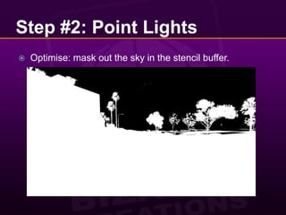 Step #2: Point LightsOptimise: mask out the sky in the stencil buffer.