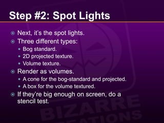 Step #2: Spot LightsNext, it’s the spot lights.Three different types:Bog standard.2D projected texture.Volume texture.Render as volumes.A cone for the bog-standard and projected.A box for the volume textured.If they’re big enough on screen, do a stencil test.