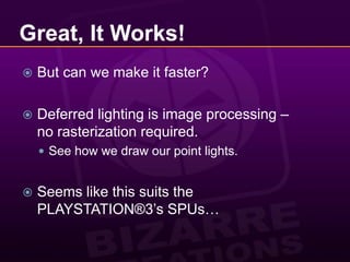 Great, It Works!But can we make it faster?Deferred lighting is image processing – no rasterization required.See how we draw our point lights.Seems like this suits the PLAYSTATION®3’s SPUs…