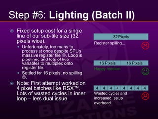 Step #6: Lighting (Batch II)Fixed setup cost for a single line of our sub-tile size (32 pixels wide).Unfortunately, too many to process at once despite SPU’s massive register file . Loop ispipelined and lots of live variables to multiplex onto register file.Settled for 16 pixels, no spilling .Note: First attempt worked on 4 pixel batches like RSX™. Lots of wasted cycles in inner loop – less dual issue.32 PixelsRegister spilling...16 Pixels16 PixelsHappy medium44444444Wasted cycles and increased  setup overhead