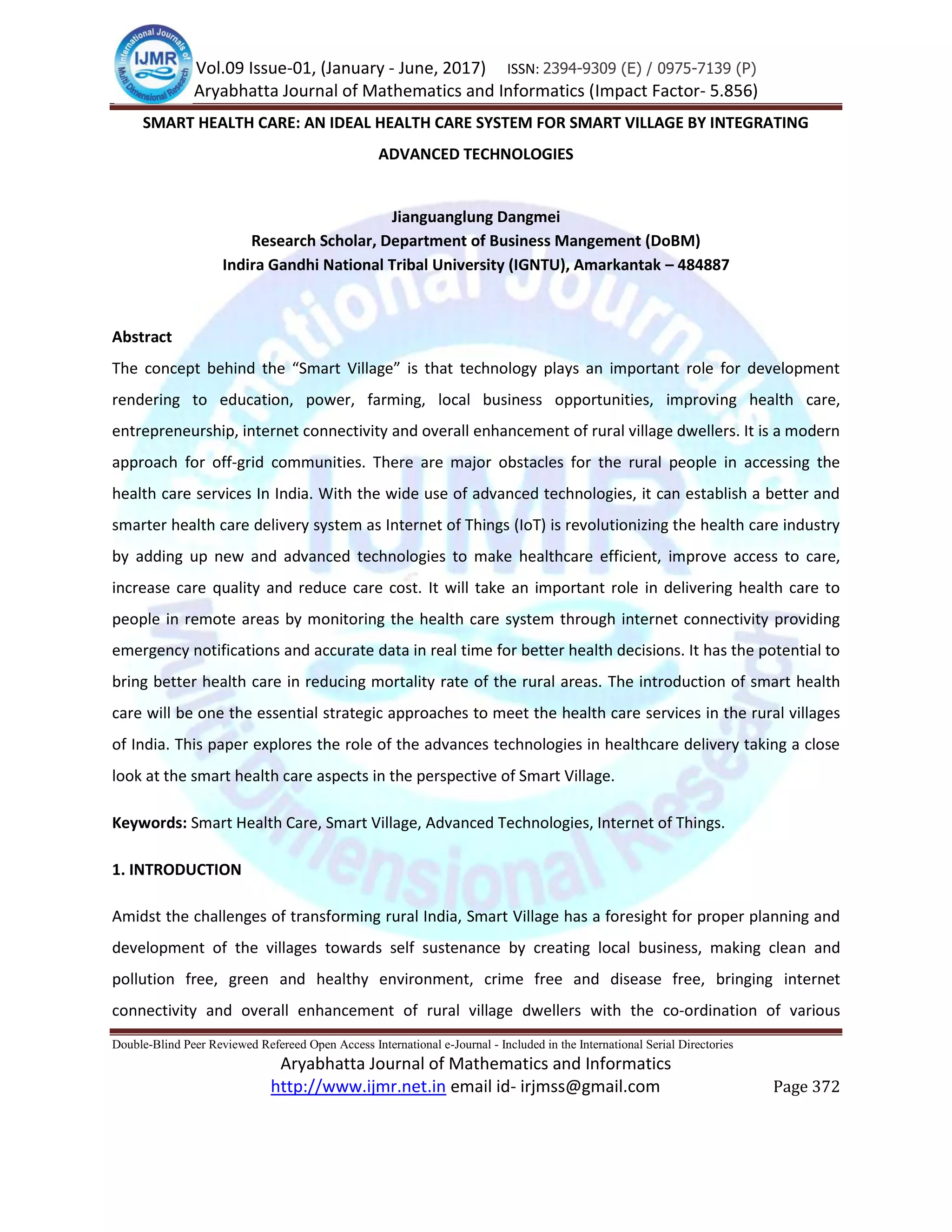 SMART HEALTH CARE: AN IDEAL HEALTH CARE SYSTEM FOR SMART VILLAGE BY ...