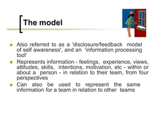 The model
 Also referred to as a 'disclosure/feedback model
of self awareness', and an 'information processing
tool'
 Represents information - feelings, experience, views,
attitudes, skills, intentions, motivation, etc - within or
about a person - in relation to their team, from four
perspectives
 Can also be used to represent the same
information for a team in relation to other teams
 