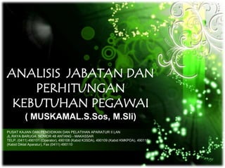 ANALISIS JABATAN DAN
    PERHITUNGAN
 KEBUTUHAN PEGAWAI
          ( MUSKAMAL.S.Sos, M.SIi)
PUSAT KAJIAN DAN PENDIDIKAN DAN PELATIHAN APARATUR II LAN
JL.RAYA BARUGA NOMOR 48 ANTANG - MAKASSAR
TELP. (0411) 490101 (Operator), 490108 (Kabid K3SDA), 490109 (Kabid KMKPOA), 490110
(Kabid Diklat Aparatur), Fax (0411) 490110
 