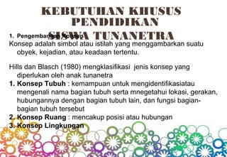 KEBUTUHAN KHUSUS
PENDIDIKAN
SISWA TUNANETRA1. Pengembangan Konsep
Konsep adalah simbol atau istilah yang menggambarkan suatu
obyek, kejadian, atau keadaan tertentu.
Hills dan Blasch (1980) mengklasifikasi jenis konsep yang
diperlukan oleh anak tunanetra
1. Konsep Tubuh : kemampuan untuk mengidentifikasiatau
mengenali nama bagian tubuh serta mnegetahui lokasi, gerakan,
hubungannya dengan bagian tubuh lain, dan fungsi bagian-
bagian tubuh tersebut
2. Konsep Ruang : mencakup posisi atau hubungan
3. Konsep Lingkungan
 