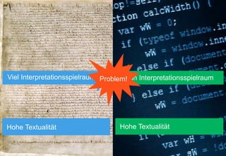 Page 7
Code als Text als Gesetz
Textualität
Interpretations-
spielraum
Vertragswesen
Programmierung
Hohe Textualität Hohe Textualität
Viel Interpretationsspielraum Kein InterpretationsspielraumProblem!
 