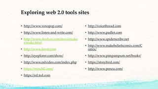 Exploring web 2.0 tools sites
• http://www.voxopop.com/
• http://www.listen-and-write.com/
• http://www.dvolver.com/moviemake
r/make.html
• http://www.linoit.com
• http://eyeplorer.com/show/
• http://www.eslvideo.com/index.php
• https://mind42.com/
• https://ed.ted.com
• http://voicethread.com
• http://www.padlet.com
• http://www.spiderscribe.net
• http://www.makebeliefscomix.com/C
omix/
• http://www.pimpampum.net/bookr/
• https://storybird.com/
• http://www.penzu.com/
 
