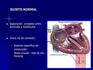 SUJETO NORMAL



   Separación completa entre
    Aurículas y Ventrículos



   Única vía de conexión:

    – Sistema específico de
      conducción:
      Nodo sinusal – Haz de His -
      Purkinje
 