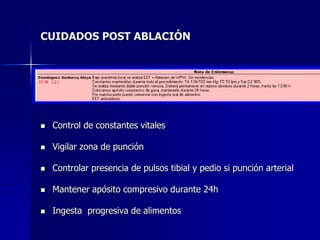 CUIDADOS POST ABLACIÓN




   Control de constantes vitales

   Vigilar zona de punción

   Controlar presencia de pulsos tibial y pedio si punción arterial

   Mantener apósito compresivo durante 24h

   Ingesta progresiva de alimentos
 