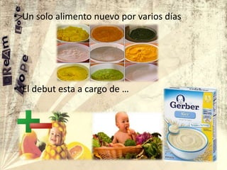 • Un solo alimento nuevo por varios días

• El debut esta a cargo de …

 