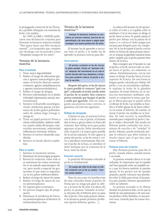 LA LACTANCIA MATERNA: TÉCNICA, CONTRAINDICACIONES E INTERACCIONES CON MEDICAMENTOS 
la propaganda comercial de las fórmu-las 
y prohíbe obsequiar con muestras de 
leche a las madres. 
En 1989, la OMS y UNICEF publi-caron 
una declaración conjunta para 
fomentar la lactancia materna titulada 
“Diez pasos hacia una feliz lactancia 
natural”. Los hospitales que cumplen 
este decálogo son reconocidos como 
“Hospitales amigos de los niños”. 
Ventajas de la lactancia 
materna 
Para el lactante 
1. Tiene mejor digestibilidad. 
2. Reduce el riesgo de infecciones gra-cias 
a agentes inmunológicos pre-sentes 
en la leche (factores antimi-crobianos, 
agentes antiinflamatorios 
y agentes inmunomoduladores). 
3. Reduce el riesgo de alergias. 
4. Previene enfermedades en el adulto 
(obesidad, hipertensión arterial, arte-rioesclerosis). 
5. Favorece el desarrollo neurológico, 
visual e intelectual, gracias a la pre-sencia 
de ácidos grasos poliinsatu-rados 
de cadena larga (omega 3, 
omega 6). 
6. Tiene un papel protector frente a 
ciertas enfermedades: diabetes melli-tus, 
muerte súbita del lactante, ente-rocolitis 
necrotizante, enfermedad 
inflamatoria intestinal, linfoma. 
7. Favorece el correcto desarrollo man-dibular. 
8. Favorece el vínculo afectivo madre-hijo. 
Para la madre 
1. Favorece la involución uterina. 
2. Disminuye las hemorragias posparto. 
3. Retrasa la ovulación, sobre todo si 
se mantienen las tomas nocturnas. 
No es un método anticonceptivo efi-caz, 
pero ayuda a espaciar las ges-taciones, 
lo que tiene su importan-cia 
en los países subdesarrollados. 
4. Reduce el riesgo de cáncer de mama. 
5. Reduce el riesgo de cáncer de ova-rio 
premenopáusico. 
6. No supone gasto económico. 
7. No precisa ningún tipo de prepa-ración. 
8. Disminuye la incidencia de fractu-ras 
postmenopáusicas al favorecer la 
remineralización ósea. 
Técnica de la lactancia 
materna(1) 
El lactante ha de aprender a succio-nar 
bien el pecho y la madre ha de 
aprender la postura correcta para ello. 
Inicio precoz 
Después del parto, se ha de iniciar 
lo antes posible el contacto “piel con 
piel”, colocando al recién nacido sobre 
el pecho de su madre. Este contacto 
precoz estimula que busque el pecho 
y acabe por agarrarlo. Una vez conse-guida 
una primera toma correcta, se 
garantiza con éxito las siguientes. 
Reflejo de búsqueda 
Consiste en que, al acariciar la boca 
con el dedo o con el pezón, el lactante 
abre la boca y gira la cabeza en busca del 
estímulo. Este reflejo sirve para poder 
agarrarse al pecho. Debe introducirse 
todo el pezón y la mayor parte posible 
de la areola mamaria. Si sólo agarra la 
punta del pezón, se ha de retirar y vol-ver 
a introducir correctamente. Para reti-rar 
el pecho de la boca, se introduce el 
dedo meñique por la comisura de la 
boca, entre las encías. 
Posición correcta 
La posición del lactante colocado al 
pecho es fundamental. 
Tanto la cara como los hombros han 
de estar colocados frente al pecho, de 
forma que no tenga que girar la cabe-za, 
y la nariz ha de estar a la altura del 
pezón. La postura “mirando al techo” 
es útil para dar el biberón pero no para 
dar el pecho. Una mala postura duran-te 
la lactancia puede producir proble-mas 
(pezón doloroso, grietas…). 
La cabeza del lactante ha de apoyar-se 
sobre el codo y su espalda sobre el 
antebrazo. Con la otra mano se dirige el 
pecho hacia su boca. Se puede sujetar el 
pecho por debajo con la palma de la 
mano y se coloca el dedo pulgar por 
encima para dirigirlo pero sin compri-mir. 
No se ha de sujetar el pecho con los 
dedos en forma de tijera porque enton-ces 
se empuja la glándula mamaria hacia 
atrás e impide que el pecho penetre bien 
dentro de la boca. 
Para conseguir que el lactante se coja 
al pecho, se ha de acercar todo su cuer-po 
hacia el pecho, no solamente su 
cabeza. Simultáneamente, con la otra 
mano se dirige el pecho hacia el tercio 
superior de la boca. De esta forma la 
lengua queda colocada por debajo del 
pecho y con un movimiento ondulan-te 
exprime la leche de la glándula 
mamaria. Al tomar biberón, no se rea-liza 
este movimiento ondulante, sola-mente 
se comprime la tetina, que lue-go 
se libera para que se pueda volver 
a rellenar de leche. Las mejillas se hun-den 
y el bebé apenas ha de hacer esfuer-zo 
en tomar el biberón. En cambio, al 
tomar el pecho, las mejillas no se hun-den. 
En cada succión, la mandíbula 
asciende para comprimir el pecho y lue-go 
se relaja y desciende. Dar ayuda con 
biberón puede confundir este movi-miento 
de succión o de “ordeñar” el 
pecho. Además, puede rechazarlo por-que 
el esfuerzo que debe realizar es 
mucho mayor que el que hace para 
tomar el biberón. 
Posturas para dar el pecho 
Hay distintas posturas para dar el 
pecho: sentada clásica, sentada inversa 
y acostada. 
La postura sentada clásica es la más 
utilizada. Es importante que la espalda 
esté bien apoyada sobre un respaldo rec-to 
y que los brazos también se puedan 
apoyar. Si los pechos son de tamaño 
pequeño, puede colocarse una almoha-da 
sobre la falda para elevar al lactante. 
Los pies pueden elevarse apoyándolos 
sobre un taburete. 
La postura acostada es la idónea 
durante los primeros días, en los que la 
herida de una episiotomía o de una cesá-rea 
produce dolor.También, es una pos-tura 
muy cómoda para las tomas noc-turnas. 
318 PEDIATRÍA INTEGRAL 
Aunque la lactancia materna se con-sidera 
un proceso natural, precisa de un 
aprendizaje y de unos pasos a seguir para 
conseguir una buena producción de leche. 
El primer contacto se ha de iniciar 
lo antes posible. Existe un “período críti-co” 
después del nacimiento en el cual el 
recién nacido está muy despierto y recep-tivo 
para poderlo colocar al pecho e ini-ciar 
la succión. 
El cuerpo del niño ha de estar en ínti-mo 
contacto con el de su madre; “vien-tre 
contra vientre”. 
 