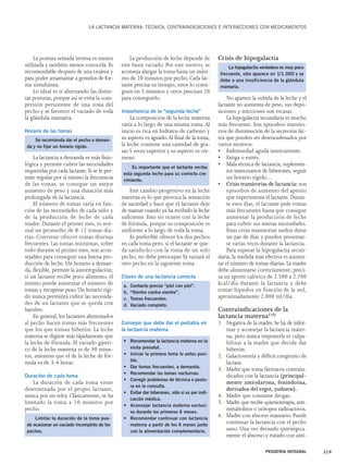 LA LACTANCIA MATERNA: TÉCNICA, CONTRAINDICACIONES E INTERACCIONES CON MEDICAMENTOS 
La postura sentada inversa es menos 
utilizada y también menos conocida. Es 
recomendable después de una cesárea y 
para poder amamantar a gemelos de for-ma 
simultánea. 
Lo ideal es ir alternando las distin-tas 
posturas, porque así se evita la com-presión 
persistente de una zona del 
pecho y se favorece el vaciado de toda 
la glándula mamaria. 
Horario de las tomas 
La lactancia a demanda es más fisio-lógica 
y permite cubrir las necesidades 
requeridas por cada lactante. Si se le per-mite 
regular por sí mismo la frecuencia 
de las tomas, se consigue un mejor 
aumento de peso y una duración más 
prolongada de la lactancia. 
El número de tomas varía en fun-ción 
de las necesidades de cada niño y 
de la producción de leche de cada 
madre. Durante el primer mes, es nor-mal 
un promedio de 8-12 tomas dia-rias. 
Conviene ofrecer tomas diurnas 
frecuentes. Las tomas nocturnas, sobre 
todo durante el primer mes, son acon-sejables 
para conseguir una buena pro-ducción 
de leche. Un horario a deman-da, 
flexible, permite la autorregulación; 
si un lactante recibe poco alimento, él 
mismo puede aumentar el número de 
tomas y recuperar peso. Un horario rígi-do 
nunca permitirá cubrir las necesida-des 
de un lactante que se queda con 
hambre. 
En general, los lactantes alimentados 
al pecho hacen tomas más frecuentes 
que los que toman biberón. La leche 
materna se digiere más rápidamente que 
la leche de fórmula. El vaciado gástri-co 
de la leche materna es de 90 minu-tos, 
mientras que el de la leche de fór-mula 
es de 3-4 horas. 
Duración de cada toma 
La duración de cada toma viene 
determinada por el propio lactante, 
nunca por un reloj. Clásicamente, se ha 
limitado la toma a 10 minutos por 
pecho. 
La producción de leche depende de 
este buen vaciado. Por este motivo, se 
aconseja alargar la toma hasta un máxi-mo 
de 20 minutos por pecho. Cada lac-tante 
precisa su tiempo, unos lo consi-guen 
en 5 minutos y otros precisan 20 
para conseguirlo. 
Importancia de la “segunda leche” 
La composición de la leche materna 
varía a lo largo de una misma toma. Al 
inicio es rica en hidratos de carbono y 
su aspecto es aguado. Al final de la toma, 
la leche contiene una cantidad de gra-sas 
5 veces superior y su aspecto es cre-moso. 
Este cambio progresivo en la leche 
materna es lo que provoca la sensación 
de saciedad y hace que el lactante deje 
de mamar cuando ya ha recibido la leche 
suficiente. Esto no ocurre con la leche 
de fórmula, porque su composición es 
uniforme a lo largo de toda la toma. 
Es preferible ofrecer los dos pechos 
en cada toma pero, si el lactante se que-da 
satisfecho con la toma de un solo 
pecho, no debe preocupar.Ya vaciará el 
otro pecho en la siguiente toma. 
Claves de una lactancia correcta 
Consejos que debe dar el pediatra en 
la lactancia materna 
Crisis de hipogalactia 
No aparece la subida de la leche y el 
lactante no aumenta de peso, sus depo-siciones 
y micciones son escasas. 
La hipogalactia secundaria es mucho 
más frecuente. Son episodios transito-rios 
de disminución de la secreción lác-tea 
que pueden ser desencadenados por 
varios motivos: 
• Enfermedad aguda intercurrente. 
• Fatiga o estrés. 
• Mala técnica de lactancia; suplemen-tos 
innecesarios de biberones, seguir 
un horario rígido… 
• Crisis transitorias de lactancia: son 
episodios de aumento del apetito 
que experimenta el lactante. Duran-te 
esos días, el lactante pide tomas 
más frecuentes hasta que consigue 
aumentar la producción de leche 
para cubrir sus nuevas necesidades. 
Estas crisis transitorias suelen durar 
un par de días y pueden presentar-se 
varias veces durante la lactancia. 
Para superar la hipogalactia secun-daria, 
la medida más efectiva es aumen-tar 
el número de tomas diarias. La madre 
debe alimentarse correctamente; preci-sa 
un aporte calórico de 2.500 a 2.700 
kcal/día durante la lactancia y debe 
tomar líquidos en función de la sed, 
aproximadamente 2.000 ml/día. 
Contraindicaciones de la 
lactancia materna(10) 
1. Negativa de la madre. Se ha de infor-mar 
y aconsejar la lactancia mater-na, 
pero nunca imponerla ni culpa-bilizar 
a la madre que decide dar 
biberón. 
2. Galactosemia y déficit congénito de 
lactasa. 
3. Madre que toma fármacos contrain-dicados 
con la lactancia (principal-mente 
amiodarona, fenindoina, 
derivados del ergot, yoduros). 
4. Madre que consume drogas. 
5. Madre que recibe quimioterapia, anti-metabolitos 
o isótopos radioactivos. 
6. Madre con absceso mamario. Puede 
continuar la lactancia con el pecho 
sano. Una vez drenado quirúrgica-mente 
el absceso y tratado con anti- 
PEDIATRÍA INTEGRAL 319 
Se recomienda dar el pecho a deman-da 
y no fijar un horario rígido. 
Es importante que el lactante reciba 
esta segunda leche para su correcto cre-cimiento. 
a. Contacto precoz “piel con piel”. 
b. “Vientre contra vientre”. 
c. Tomas frecuentes. 
d. Vaciado completo. 
• Recomendar la lactancia materna en la 
visita prenatal. 
• Iniciar la primera toma lo antes posi-ble. 
• Dar tomas frecuentes, a demanda. 
• Recomendar las tomas nocturnas. 
• Corregir problemas de técnica o postu-ra 
en la consulta. 
• Evitar dar biberones, sólo si es por indi-cación 
médica. 
• Aconsejar lactancia materna exclusi-va 
durante los primeros 6 meses. 
• Recomendar continuar con lactancia 
materna a partir de los 6 meses junto 
con la alimentación complementaria. 
La hipogalactia verdadera es muy poco 
frecuente, sólo aparece en 1/1.000 y se 
debe a una insuficiencia de la glándula 
mamaria. 
Limitar la duración de la toma pue-de 
ocasionar un vaciado incompleto de los 
pechos. 
 