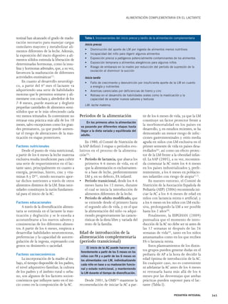 testinal han alcanzado el grado de madu-ración 
necesario para manejar cargas 
osmolares mayores y metabolizar ali-mentos 
diferentes de la leche. Además, 
la exposición del tracto digestivo a ali-mentos 
sólidos estimula la liberación de 
determinadas hormonas, como la insu-lina 
y hormonas adrenales, que, a su vez, 
favorecen la maduración de diferentes 
actividades enzimáticas(1). 
En cuanto al desarrollo neurológi-co, 
a partir del 6º mes el lactante va 
adquiriendo una serie de habilidades 
motoras que le permiten sentarse y ali-mentarse 
con cuchara y, alrededor de los 
7-8 meses, puede masticar y deglutir 
pequeñas cantidades de alimentos semi-sólidos 
que se le irán ofreciendo cada 
vez menos triturados. Es conveniente no 
retrasar esta práctica más allá de los 10 
meses, salvo excepciones como los gran-des 
prematuros, ya que puede aumen-tar 
el riesgo de alteraciones de la mas-ticación 
en etapas posteriores. 
Factores nutricionales 
Desde el punto de vista nutricional, 
a partir de los 6 meses la leche materna 
exclusiva resulta insuficiente para cubrir 
una serie de requerimientos en el lac-tante 
sano, principalmente en cuanto a 
energía, proteínas, hierro, cinc y vita-minas 
A y D(4), siendo necesario apor-tar 
dichos nutrientes a través de otros 
alimentos distintos de la LM. Estas nece-sidades 
constituyen la razón fundamen-tal 
para el inicio de la AC. 
Factores educacionales 
A través de la diversificación alimen-taria 
se estimula en el lactante la mas-ticación 
y deglución y se le enseña a 
acostumbrarse a los nuevos sabores y 
consistencias de los diferentes alimen-tos. 
A partir de los 6 meses, empieza a 
desarrollar habilidades neuromotoras, 
preferencias y la capacidad de autorre-gulación 
de la ingesta, expresando con 
gestos su desinterés o saciedad. 
Factores socioeconómicos 
La incorporación de la madre al tra-bajo, 
el tiempo disponible de los padres, 
el nivel adquisitivo familiar, la cultura 
de los padres y el ámbito rural o urba-no, 
son algunos de los factores socioe-conómicos 
que influyen tanto en el ini-cio 
como en la composición de la AC. 
ALIMENTACIÓN COMPLEMENTARIA EN EL LACTANTE 
Tabla I. Inconvenientes del inicio precoz y tardío de la alimentación complementaria 
Inicio precoz 
• Disminución del aporte de LM por ingesta de alimentos menos nutritivos 
• Incapacidad del niño para digerir algunos alimentos 
• Exposición precoz a patógenos potencialmente contaminantes de los alimentos 
• Exposición temprana a alimentos alergénicos para algunos niños 
• Riesgo de embarazo en la madre por reducción del período de supresión de la 
Períodos de la alimentación 
En 1980, el Comité de Nutrición de 
la AAP definió 3 etapas o períodos evo-lutivos 
en el proceso de la alimenta-ción( 
5): 
• Período de lactancia, que abarca los 
primeros 4-6 meses de vida, en el 
que la alimentación es exclusivamen-te 
a base de leche, preferentemente 
LM y, en su defecto, FA infantil. 
• Período transicional, desde los 4-6 
meses hasta los 12 meses, durante 
el cual se inicia la introducción de 
alimentos diferentes de la leche. 
• Período de adulto modificado, que 
se extiende desde el primero hasta 
el segundo año de vida, y en el que 
la alimentación del niño va adqui-riendo 
progresivamente las caracte-rísticas 
de la dieta libre y variada del 
resto de la familia. 
Edad de introducción de la 
alimentación complementaria 
(período transicional) 
Desde 2001, la OMS(3) mantiene la 
recomendación de iniciar la AC a par-tir 
de los 6 meses de vida, ya que la LM 
constituye un factor protector frente a 
la morbimortalidad en los países en 
desarrollo, y, en estudios recientes, se ha 
demostrado un menor riesgo de infec-ciones 
gastrointestinales y otitis media 
aguda en niños con LM exclusiva en el 
primer semestre de vida en países desa-rrollados( 
6), así como un efecto protec-tor 
de la LM frente a la obesidad infan-til. 
La AAP (2005), a su vez, recomien-da 
comenzar la AC entre los 4-6 meses 
en los países industrializados y, prefe-rentemente, 
a los 6 meses en poblacio-nes 
infantiles con riesgo de atopia(2,7). 
En nuestro entorno, el Comité de 
Nutrición de la Asociación Española de 
Pediatría (AEP) (2006) recomienda ini-ciar 
la AC a los 4-6 meses de edad en 
niños con lactancia mixta o artificial, y 
a los 6 meses en los niños con LM exclu-siva, 
prolongando la LM a ser posible 
hasta los 2 años(8). 
Finalmente, la ESPGHAN (2009) 
puntualiza que el momento de intro-ducción 
de la AC no debe ser ni antes de 
las 17 semanas ni después de las 26 
semanas de vida(6), tanto en los niños 
amamantados como en los que reciben 
FA o lactancia mixta. 
Estos planteamientos de los distin-tos 
grupos pueden generar dudas en el 
pediatra de AP a la hora de decidir la 
edad óptima de introducción de la AC. 
En cualquier caso, no es conveniente 
ni adelantar la AC antes de los 4 meses 
ni retrasarla hasta más allá de los 6 
meses por las desventajas que ambas 
prácticas pueden suponer para el lac-tante 
(Tabla I). 
PEDIATRÍA INTEGRAL 345 
ovulación al disminuir la succión 
Inicio tardío 
• Fallo de crecimiento y desnutrición por insuficiente aporte de la LM en cuanto 
a energía y nutrientes 
• Anemias carenciales por deficiencias de hierro y cinc 
• Retraso en el desarrollo de habilidades orales como la masticación y la 
capacidad de aceptar nuevos sabores y texturas 
LM: leche materna. 
En los primeros años la alimentación 
va pasando por diferentes etapas hasta 
llegar a la dieta variada y equilibrada del 
adulto. 
El inicio de la AC puede hacerse pre-ferentemente 
a partir de los 5 meses en los 
niños con FA y a partir de los 6 meses en 
los alimentados con LM, individualizando 
cada niño en base a su maduración funcio-nal 
y estado nutricional, y manteniendo 
la LM durante el tiempo de diversificación. 
 