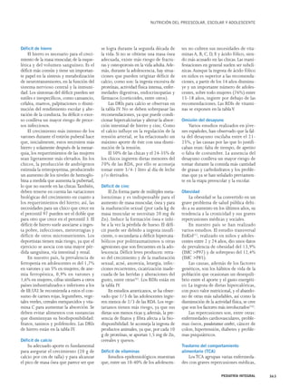 Déficit de hierro 
El hierro es necesario para el creci-miento 
de la masa muscular, de la esque-lética 
y del volumen sanguíneo. Es el 
déficit más común y tiene un importan-te 
papel en la síntesis y metabolización 
de neurotransmisores, en la función del 
sistema nervioso central y la inmuni-dad. 
Los síntomas del déficit pueden ser 
sutiles e inespecíficos, como cansancio, 
cefalea, mareos, palpitaciones o dismi-nución 
del rendimiento escolar y alte-ración 
de la conducta. Su déficit o exce-so 
conlleva un mayor riesgo de proce-sos 
infecciosos. 
El crecimiento más intenso de los 
varones durante el estirón puberal hace 
que, inicialmente, estos necesiten más 
hierro y solamente después de la menar-quia, 
los requerimientos de las mujeres 
sean ligeramente más elevados. En los 
chicos, la producción de andrógenos 
estimula la eritropoyetina, produciendo 
un aumento de los niveles de hemoglo-bina 
a medida que aumenta la pubertad, 
lo que no sucede en las chicas.También, 
deben tenerse en cuenta las variaciones 
biológicas del crecimiento en cuanto a 
los requerimientos del hierro; así, las 
necesidades para un chico que crece en 
el percentil 97 pueden ser el doble que 
para otro que crece en el percentil 3. El 
déficit de hierro suele asociarse a inges-ta 
pobre, infecciones, metrorragias y 
déficit de otros micronutrientes. Los 
deportistas tienen más riesgo, ya que el 
ejercicio se asocia con una mayor pér-dida 
sanguínea, vía intestinal y renal. 
En nuestro país, la prevalencia de 
ferropenia en adolescentes es del 1,7% 
en varones y un 5% en mujeres; de ane-mia 
ferropénica, 0,9% en varones y 
1,6% en mujeres, cifras similares a otros 
países industrializados e inferiores a los 
de EE.UU. Se recomienda a estos el con-sumo 
de carnes rojas, legumbres, vege-tales 
verdes, cereales enriquecidos y vita-mina 
C para aumentar la absorción. Se 
deben evitar alimentos con sustancias 
que disminuyan su biodisponibilidad: 
fitatos, taninos y polifenoles. Las DRIs 
de hierro están en la tabla IV. 
Déficit de calcio 
Su adecuado aporte es fundamental 
para asegurar el crecimiento (20 g de 
calcio por cm de talla) y para alcanzar 
el pico de masa ósea que parece ser que 
NUTRICIÓN DEL PREESCOLAR, ESCOLAR Y ADOLESCENTE 
se logra durante la segunda década de 
la vida. Si no se obtiene una masa ósea 
adecuada, existe más riesgo de fractu-ras 
y osteoporosis en la vida adulta.Ade-más, 
durante la adolescencia, hay situa-ciones 
que pueden originar déficit de 
calcio, como son: la ingesta excesiva de 
proteínas, actividad física intensa, enfer-medades 
digestivas, endocrinopatías y 
fármacos (corticoides, entre otros). 
Las DRIs para calcio se observan en 
la tabla IV. No se deben sobrepasar las 
recomendaciones, ya que puede condi-cionar 
hipercalciurias y alterar la absor-ción 
intestinal de hierro y cinc. Como 
el calcio influye en la regulación de la 
tensión arterial, se ha relacionado un 
máximo aporte de éste con una dismi-nución 
de la tensión. 
El 50% de las chicas y el 24-35% de 
los chicos ingieren dietas menores del 
70% de las RDA, por ello se aconseja 
tomar entre 3/4-1 litro al día de leche 
y/o derivados. 
Déficit de cinc 
El Zn forma parte de múltiples meta-loenzimas 
y es indispensable para el 
aumento de masa muscular, ósea y para 
la maduración sexual (por cada kg de 
masa muscular se necesitan 20 mg de 
Zn). Induce la formación ósea e inhi-be 
a la vez la pérdida de hueso. El défi-cit 
puede ser debido a ingesta insufi-ciente, 
o secundaria a déficit hipercata-bólicos 
por politraumatismos u otras 
agresiones que son frecuentes en la ado-lescencia. 
Déficit leves producen: retra-so 
del crecimiento y de la maduración 
sexual, acné, anorexia, letargia, infec-ciones 
recurrentes, cicatrización inade-cuada 
de las heridas y alteraciones del 
gusto, entre otras(6). Los RDIs están en 
la tabla IV. 
En estudios americanos, se ha obser-vado 
que 1/3 de las adolescentes ingie-ren 
menos de 2/3 de las RDA. Los vege-tarianos 
tienen más riesgo, ya que sus 
dietas son menos ricas y, además, la pre-sencia 
de fitatos y fibra afecta a la bio-disponibilidad. 
Se aconseja la ingesta de 
productos animales, ya que, por cada 10 
g de proteínas, se aportan 1,5 mg de Zn, 
cereales y quesos. 
Déficit de vitaminas 
Estudios epidemiológicos muestran 
que, entre un 10-40% de los adolescen-tes 
no cubren sus necesidades de vita-minas 
A, B, C, D, E y ácido fólico, sien-do 
más acusado en las chicas. Las mani-festaciones 
en general suelen ser subclí-nicas. 
Aunque la ingesta de ácido fólico 
en niños es superior a las recomenda-ciones, 
a partir de los 14 años disminu-ye 
y un importante número de adoles-centes, 
sobre todo mujeres (76%) entre 
15-18 años, ingiere por debajo de las 
recomendaciones. Las RDIs de vitami-nas 
se exponen en la tablaV. 
Omisión del desayuno 
Varios estudios realizados en jóve-nes 
españoles, han observado que la fal-ta 
del desayuno oscilaba entre el 21- 
25%, y las causas por las que lo justifi-caban 
eran: falta de tiempo, de apetito 
o falta de costumbre. La ausencia del 
desayuno conlleva un mayor riesgo de 
tomar durante la comida más cantidad 
de grasas y carbohidratos y los proble-mas 
que ya se han señalado previamen-te 
en la etapa preescolar y la escolar. 
Obesidad 
La obesidad se ha convertido en un 
grave problema de salud pública debi-do 
a su aumento en los últimos años, su 
tendencia a la cronicidad y sus graves 
repercusiones médicas y sociales. 
En nuestro país se han realizado 
varios estudios. El estudio transversal 
EnKid(1), realizado en niños y adoles-centes 
entre 2 y 24 años, dio unos datos 
de prevalencia de obesidad del 13,9% 
(IMC >P97) y de sobrepeso del 12,4% 
(IMC >P85). 
Las causas, además de los factores 
genéticos, son los hábitos de vida de la 
población que ocasionan un desequili-brio 
entre el aporte y el gasto energéti-co. 
La ingesta de dietas hipercalóricas, 
con poco valor nutricional, y el abando-no 
de otras más saludables, así como la 
disminución de la actividad física, se cree 
que son los factores más involucrados(16). 
Las repercusiones son, entre otras: 
enfermedades cardiovasculares, proble-mas 
óseos, pseudotumor cerebri, cáncer de 
colon, hipertensión, diabetes y proble-mas 
psiquiátricos. 
Trastorno del comportamiento 
alimentario (TCA) 
Los TCA agrupan varias enfermeda-des 
con graves repercusiones médicas, 
PEDIATRÍA INTEGRAL 363 
 