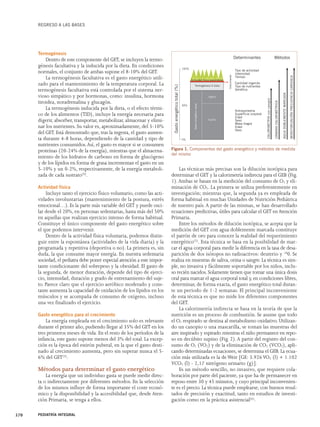 REGRESO A LAS BASES 
Termogénesis 
Dentro de este componente del GET, se incluyen la termo-génesis 
facultativa y la inducida por la dieta. En condiciones 
normales, el conjunto de ambas supone el 8-10% del GET. 
La termogénesis facultativa es el gasto energético utili-zado 
para el mantenimiento de la temperatura corporal. La 
termogénesis facultativa está controlada por el sistema ner-vioso 
simpático y por hormonas, como: insulina, hormona 
tiroidea, noradrenalina y glucagón. 
La termogénesis inducida por la dieta, o el efecto térmi-co 
de los alimentos (TID), incluye la energía necesaria para 
digerir, absorber, transportar, metabolizar, almacenar y elimi-nar 
los nutrientes. Su valor es, aproximadamente, del 5-10% 
del GET. Está demostrado que, tras la ingesta, el gasto aumen-ta 
durante 4-8 horas, dependiendo de la cantidad y tipo de 
nutrientes consumidos. Así, el gasto es mayor si se consumen 
proteínas (20-24% de la energía), mientras que el almacena-miento 
de los hidratos de carbono en forma de glucógeno 
y de los lípidos en forma de grasa incrementan el gasto en un 
5-10% y un 0-2%, respectivamente, de la energía metaboli-zada 
de cada sustrato(4). 
Actividad física 
Incluye tanto el ejercicio físico voluntario, como las acti-vidades 
involuntarias (mantenimiento de la postura, estrés 
emocional…). Es la parte más variable del GET y puede osci-lar 
desde el 20%, en personas sedentarias, hasta más del 50% 
en aquellas que realizan ejercicio intenso de forma habitual. 
Constituye el único componente del gasto energético sobre 
el que podemos intervenir. 
Dentro de la actividad física voluntaria, podemos distin-guir 
entre la espontánea (actividades de la vida diaria) y la 
programada y repetitiva (deportiva o no). La primera es, sin 
duda, la que consume mayor energía. En nuestra sedentaria 
sociedad, el pediatra debe poner especial atención a este impor-tante 
condicionante del sobrepeso y la obesidad. El gasto de 
la segunda, de menor duración, depende del tipo de ejerci-cio, 
intensidad, duración y grado de entrenamiento del suje-to. 
Parece claro que el ejercicio aeróbico moderado y cons-tante 
aumenta la capacidad de oxidación de los lípidos en los 
músculos y se acompaña de consumo de oxígeno, incluso 
una vez finalizado el ejercicio. 
Gasto energético para el crecimiento 
La energía empleada en el crecimiento solo es relevante 
durante el primer año, pudiendo llegar al 35% del GET en los 
tres primeros meses de vida. En el resto de los períodos de la 
infancia, este gasto supone menos del 3% del total. La excep-ción 
es la época del estirón puberal, en la que el gasto desti-nado 
al crecimiento aumenta, pero sin superar nunca el 5- 
6% del GET(3). 
Métodos para determinar el gasto energético 
La energía que un individuo gasta se puede medir direc-ta 
o indirectamente por diferentes métodos. En la selección 
de los mismos influye de forma importante el coste econó-mico 
y la disponibilidad y la accesibilidad que, desde Aten-ción 
Primaria, se tenga a ellos. 
100% 
50% 
Determinantes Métodos 
Las técnicas más precisas son la dilución isotópica para 
determinar el GET y la calorimetría indirecta para el GEB (Fig. 
1). Ambas se basan en la medición del consumo de O2 y eli-minación 
de CO2. La primera se utiliza preferentemente en 
investigación; mientras que, la segunda ya es empleada de 
forma habitual en muchas Unidades de Nutrición Pediátrica 
de nuestro país. A partir de las mismas, se han desarrollado 
ecuaciones predictivas, útiles para calcular el GET en Atención 
Primaria. 
Entre los métodos de dilución isotópica, se acepta que la 
medición del GET con agua doblemente marcada constituye 
el patrón de oro para conocer la realidad del requerimiento 
energético(5). Esta técnica se basa en la posibilidad de mar-car 
el agua corporal para medir la diferencia en la tasa de desa-parición 
de dos isótopos no radioactivos: deuterio y 180. Se 
realiza en muestras de saliva, orina o sangre. La técnica es sim-ple, 
no invasiva y fácilmente soportable por los niños, inclu-so 
recién nacidos. Solamente tienen que tomar una única dosis 
oral para marcar el agua corporal total y, en condiciones libres, 
determinar, de forma exacta, el gasto energético total duran-te 
un periodo de 1-2 semanas. El principal inconveniente 
de esta técnica es que no mide los diferentes componentes 
del GET. 
La calorimetría indirecta se basa en la teoría de que la 
nutrición es un proceso de combustión. Se asume que todo 
el O2 respirado se destina al metabolismo oxidativo. Utilizan-do 
un canopio o una mascarilla, se toman las muestras del 
aire inspirado y espirado mientras el niño permanece en repo-so 
en decúbito supino (Fig. 2). A partir del registro del con-sumo 
de O2 (VO2) y de la eliminación de CO2 (VCO2), apli-cando 
determinadas ecuaciones, se determina el GEB. La ecua-ción 
más utilizada es la de Weir [GE: 3.926 VO2 (l) + 1.102 
VCO2 (l) - 2,17 nitrógeno urinario (g)]. 
Es un método sencillo, no invasivo, que requiere cola-boración 
por parte del paciente, ya que ha de permanecer en 
reposo entre 30 y 45 minutos, y cuyo principal inconvenien-te 
es el precio. La técnica puede emplearse, con buenos resul-tados 
de precisión y exactitud, tanto en estudios de investi-gación 
como en la práctica asistencial(6). 
370 PEDIATRÍA INTEGRAL 
Gasto energético total (%) 
0% 
Actividad física espontánea 
Termogénesis X dieta 
Vigilia 
Sueño 
Gasto energético basal 
Crecimiento 
Tipo de actividad 
Intensidad 
Tiempo 
Cantidad ingerida 
Tipo de nutrientes 
Genética 
Antropometría 
Superficie corporal 
Edad 
Sexo 
Masa magra 
Edad 
Sexo 
CALORIMETRÍA con canopio 
CÁMARA CALORIMÉTRICA 
AGUA DOBLEMENTE MARCADA 
MONITORIZACIÓN FRECUENCIA CARDIACA 
Figura 1. Componentes del gasto energético y métodos de medida 
del mismo 
 